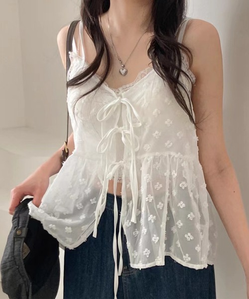 Lace Ladies（レースレディース）の「シアー フラワー リボン ペプラム キャミソール ブラウス（キャミソール・レディース・ホワイト/ブラック・FREE）」の6枚目の写真