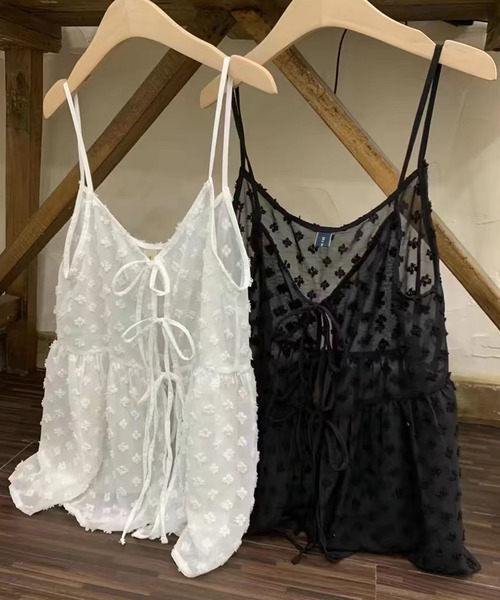 Lace Ladies（レースレディース）の「シアー フラワー リボン ペプラム キャミソール ブラウス（キャミソール・レディース・ホワイト/ブラック・FREE）」の3枚目の写真
