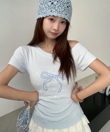 【全3色／韓国バレエコア風】斜めショルダー×リボン刺繍Tシャツ
