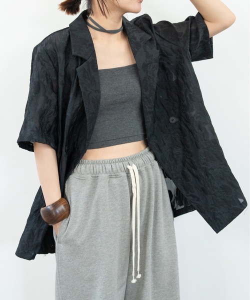 【美品】パドカレ　シアーシャツ　タック　ワイド　ゆったり　小襟(スモールカラー) osharewalker カットソー レディース トップス プルオーバー