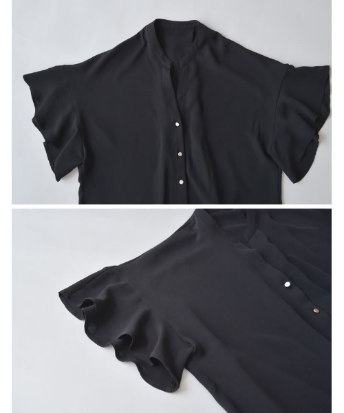 Re:EDIT（リエディ）の「[UVカット][接触冷感][体型カバー]ポーラVネックフレアスリーブ切り替え半袖ブラウス（シャツ/ブラウス・レディース・オフホワイト/ブラック・MEDIUM/LARGE）」の12枚目の写真