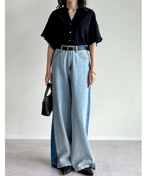 Re:EDIT（リエディ）の「[UVカット][接触冷感][体型カバー]ポーラVネックフレアスリーブ切り替え半袖ブラウス（シャツ/ブラウス・レディース・オフホワイト/ブラック・MEDIUM/LARGE）」の3枚目の写真