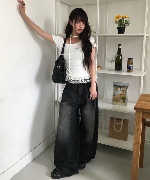 プラダ　両肩前身ごろシャーリング　グレー フリル付きTシャツ 半袖 シャツ襟 フレア袖 とろみ ブラウス Liala×PG 全3色｜lpg831