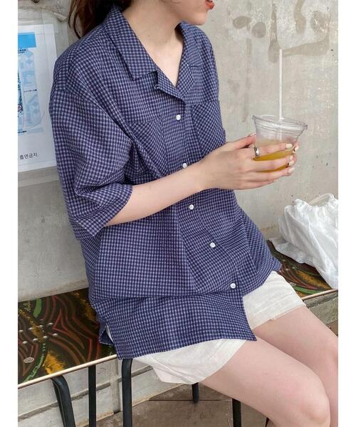 ehka sopo(エヘカソポ)の「◎チェックオープンカラーシャツ(シャツ/ブラウス・レディース・キナリ/ネイビー/ベージュ・F)」の5枚目の写真