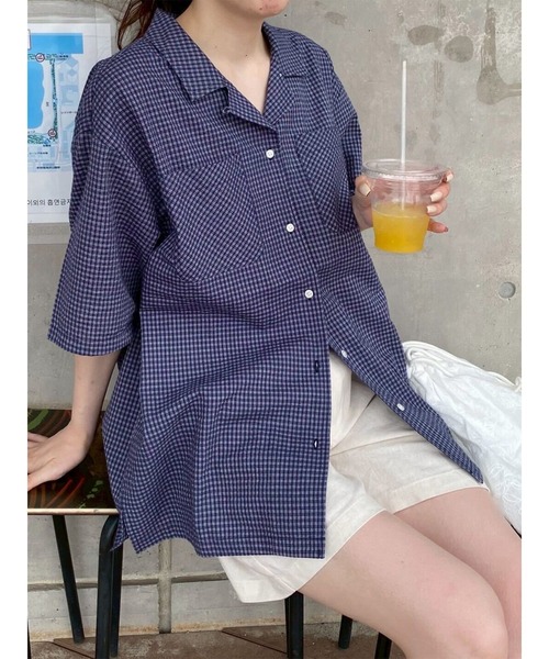 ehka sopo(エヘカソポ)の「◎チェックオープンカラーシャツ(シャツ/ブラウス・レディース・キナリ/ネイビー/ベージュ・F)」の1枚目の写真