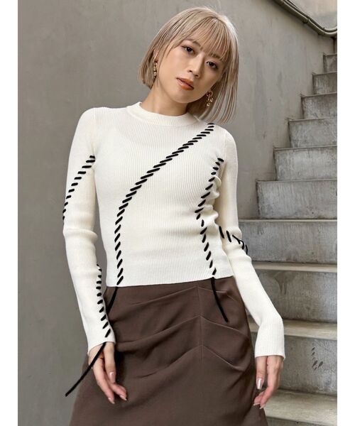 MURUA（ムルーア）の「ステッチリブニット（ニット/セーター・レディース・ボルドー/アイボリー/ブラック・FREE）」の5枚目の写真