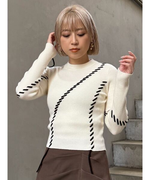 MURUA（ムルーア）の「ステッチリブニット（ニット/セーター・レディース・ボルドー/アイボリー/ブラック・FREE）」の6枚目の写真