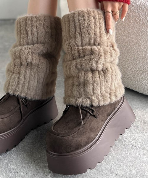 mily bilet（ミウィビレット）の「【mily bilet】ファー着脱可能♪２WAYヌバック調素材ボリュームソールファームートンブーツ（ブーツ・レディース・ダークブラウン/ブラック/ベージュ・X-LARGE/LARGE/MEDIUM/SMALL）」の8枚目の写真