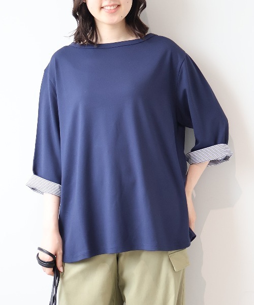 MB mint breeze(エムビーミントブリーズ)の「【L~5L 大きいサイズ】ポンチ7分袖ボートネックTシャツ(Tシャツ/カットソー・レディース・ブラック/ネイビー/サーモンピンク/キャメル・LL/3L/4L/5L)」の3枚目の写真