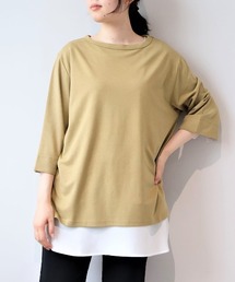 【L～5L 大きいサイズ】ポンチ7分袖ボートネックTシャツ