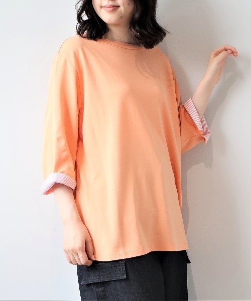 MB mint breeze(エムビーミントブリーズ)の「【L~5L 大きいサイズ】ポンチ7分袖ボートネックTシャツ(Tシャツ/カットソー・レディース・ブラック/ネイビー/サーモンピンク/キャメル・LL/3L/4L/5L)」の1枚目の写真