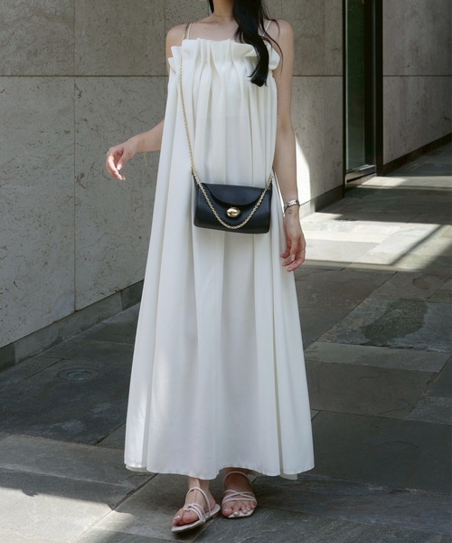 ACYM バックオープンタンクワンピース デコルテギャザーキャミ