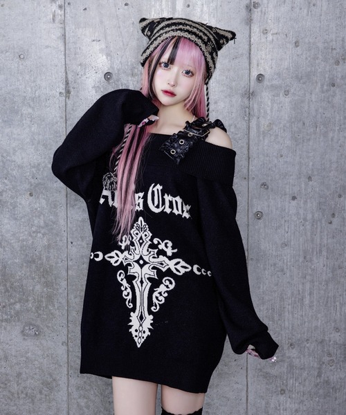 【新品】 Amilige Crossオフショルジャガードニット 黒 Crossオフショルジャガードニット（Tシャツ/カットソー