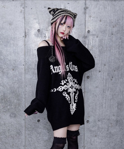 【新品】 Amilige Crossオフショルジャガードニット 黒 Crossオフショルジャガードニット（ニット/セーター）｜Amilige