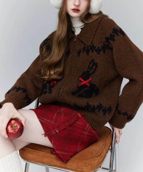 セール】ウサギ柄ジップアップニットカーディガン（カーディガン