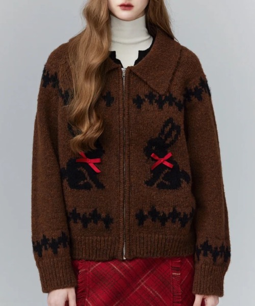 セール】ウサギ柄ジップアップニットカーディガン（カーディガン