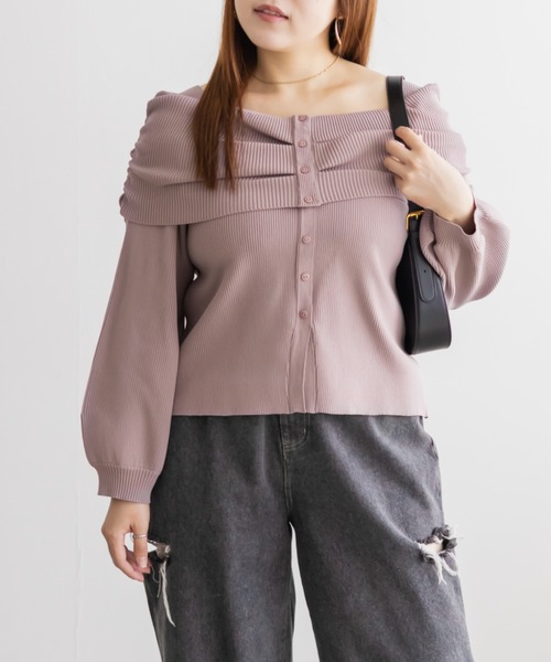 CLETTE(クレット)の「CLETTEオリジナルフロントボタンオフショル風長袖ニット(ニット/セーター・レディース・ピンク/ブラウン/チャコールグレー・LL/3L/4L)」の14枚目の写真