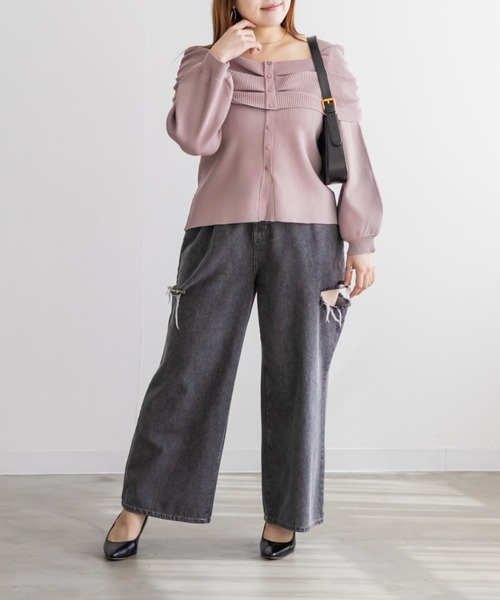 CLETTE(クレット)の「CLETTEオリジナルフロントボタンオフショル風長袖ニット(ニット/セーター・レディース・ピンク/ブラウン/チャコールグレー・LL/3L/4L)」の15枚目の写真