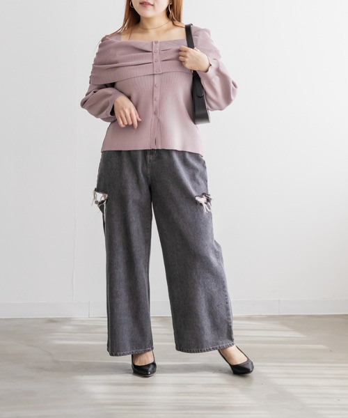 CLETTE(クレット)の「CLETTEオリジナルフロントボタンオフショル風長袖ニット(ニット/セーター・レディース・ピンク/ブラウン/チャコールグレー・LL/3L/4L)」の16枚目の写真