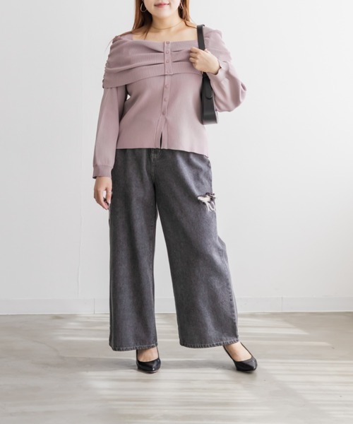 CLETTE(クレット)の「CLETTEオリジナルフロントボタンオフショル風長袖ニット(ニット/セーター・レディース・ピンク/ブラウン/チャコールグレー・LL/3L/4L)」の17枚目の写真