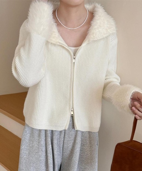 GLAMOROUS JANE（グラマラスジェーン）の「衿袖ファー付ジップニットカーディガン（カーディガン/ボレロ・レディース・ブラック/アイボリー/ホワイト/ブラウン・FREE）」の10枚目の写真