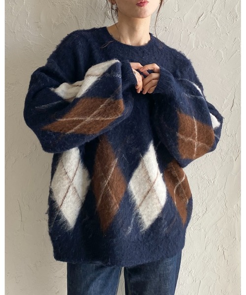 セール】オーバーサイズボリューム袖モヘアタッチアーガイルニット