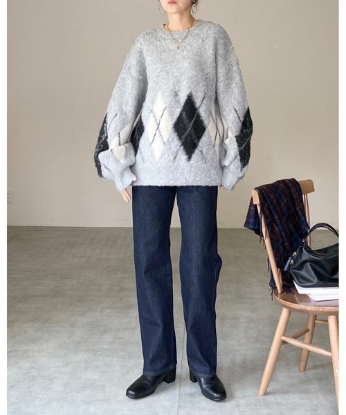 セール】オーバーサイズボリューム袖モヘアタッチアーガイルニット