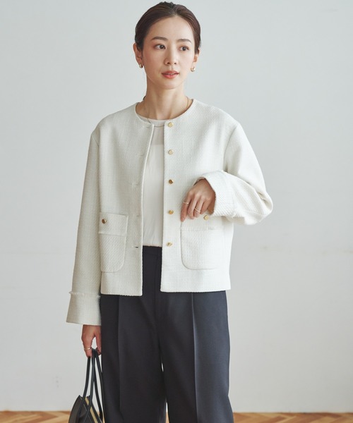 URBAN RESEARCH（アーバンリサーチ）の「ノーカラーツイードジャケット（ノーカラージャケット・レディース・オフホワイト/ブラック系その他・FREE）」の4枚目の写真