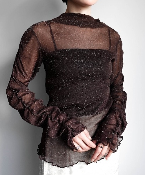 sahara（サハラ）の「Glitter Sheer Shirring Top/グリッターシアーシャーリングトップ（Tシャツ/カットソー・レディース・ネイビー/ブラウン/アイボリー/ブラック・FREE）」の4枚目の写真