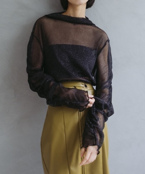 sahara（サハラ）の「Glitter Sheer Shirring Top/グリッターシアーシャーリングトップ（Tシャツ/カットソー・レディース・ネイビー/ブラウン/アイボリー/ブラック・FREE）」の3枚目の写真