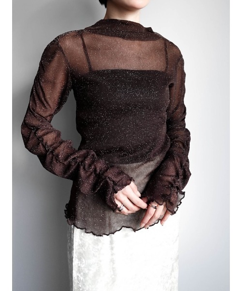 sahara（サハラ）の「Glitter Sheer Shirring Top/グリッターシアーシャーリングトップ（Tシャツ/カットソー・レディース・ネイビー/ブラウン/アイボリー/ブラック・FREE）」の10枚目の写真
