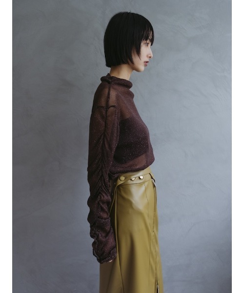 sahara（サハラ）の「Glitter Sheer Shirring Top/グリッターシアーシャーリングトップ（Tシャツ/カットソー・レディース・ネイビー/ブラウン/アイボリー/ブラック・FREE）」の6枚目の写真