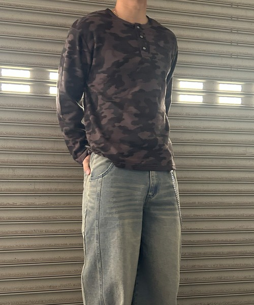 NYLAUS(ナイラス)の「【NYS】2026新作 ショート丈 クロス刺繍 ヘンリーネック ワッフルロンT 長袖Tシャツ ロングTシャツ(Tシャツ/カットソー・メンズ・グリーン系カモフラージュ/カモフラージュ/チャコール/ブラック・L/M)」の4枚目の写真