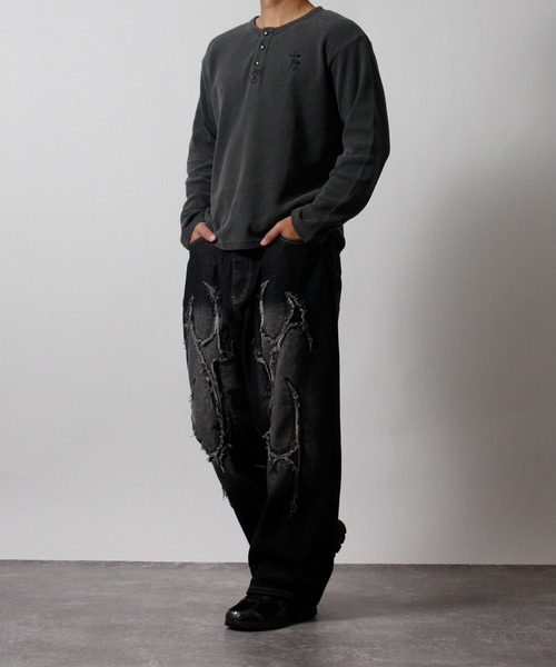 NYLAUS(ナイラス)の「【NYS】2026新作 ショート丈 クロス刺繍 ヘンリーネック ワッフルロンT 長袖Tシャツ ロングTシャツ(Tシャツ/カットソー・メンズ・グリーン系カモフラージュ/カモフラージュ/チャコール/ブラック・L/M)」の14枚目の写真