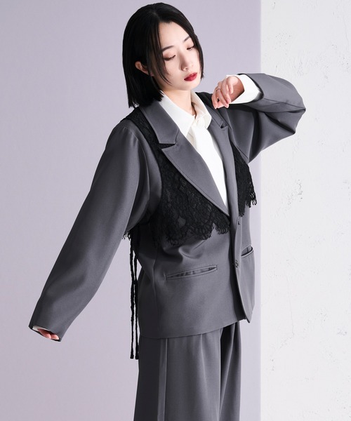 Ellno Loset（エルノロゼット）の「2wayレースベストテーラードジャケット/SETUP対応（テーラードジャケット・メンズ・チャコール/ブラック・X-SMALL/SMALL/MEDIUM/LARGE）」の6枚目の写真