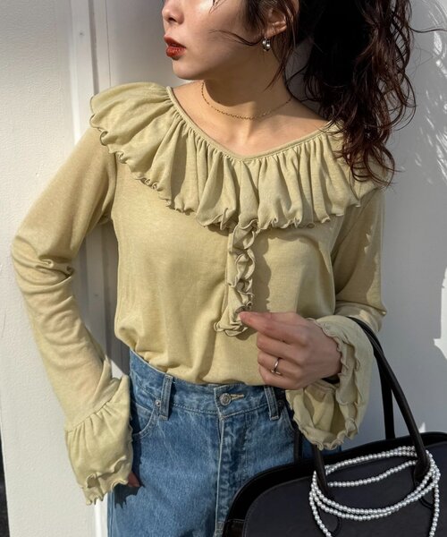 WILLOW（ウィロー）の「【willow】シアーリブラッフルトップス（Tシャツ/カットソー・レディース・イエロー/ネイビー・ONE SIZE）」の2枚目の写真