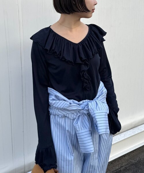 WILLOW（ウィロー）の「【willow】シアーリブラッフルトップス（Tシャツ/カットソー・レディース・イエロー/ネイビー・ONE SIZE）」の3枚目の写真