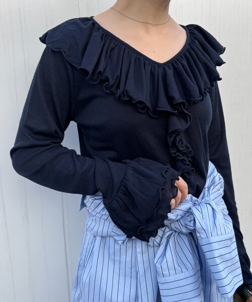 WILLOW（ウィロー）の「【willow】シアーリブラッフルトップス（Tシャツ/カットソー・レディース・イエロー/ネイビー・ONE SIZE）」の5枚目の写真