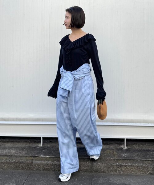 WILLOW（ウィロー）の「【willow】シアーリブラッフルトップス（Tシャツ/カットソー・レディース・イエロー/ネイビー・ONE SIZE）」の7枚目の写真