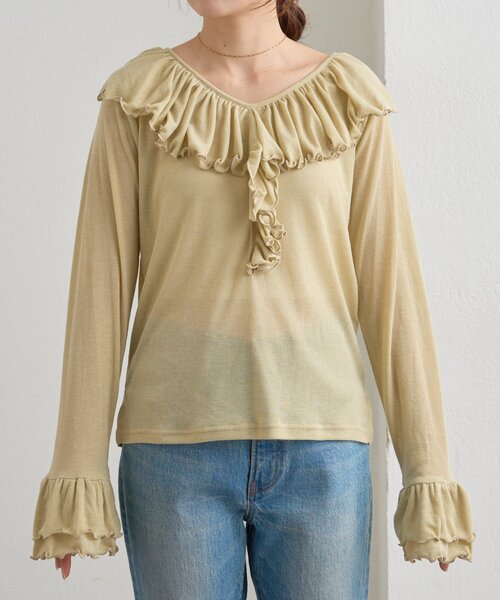 WILLOW（ウィロー）の「【willow】シアーリブラッフルトップス（Tシャツ/カットソー・レディース・イエロー/ネイビー・ONE SIZE）」の8枚目の写真