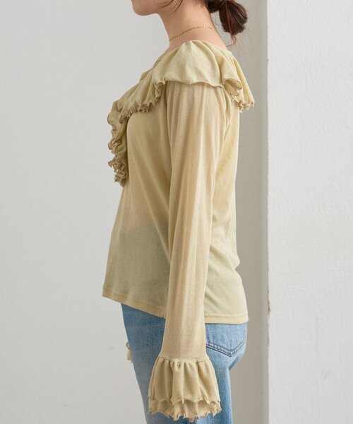WILLOW（ウィロー）の「【willow】シアーリブラッフルトップス（Tシャツ/カットソー・レディース・イエロー/ネイビー・ONE SIZE）」の9枚目の写真