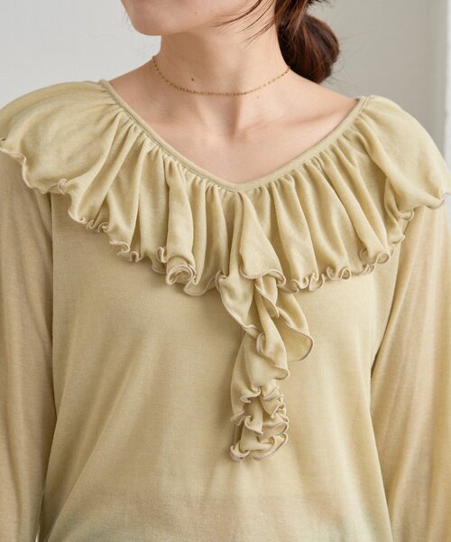 WILLOW（ウィロー）の「【willow】シアーリブラッフルトップス（Tシャツ/カットソー・レディース・イエロー/ネイビー・ONE SIZE）」の11枚目の写真