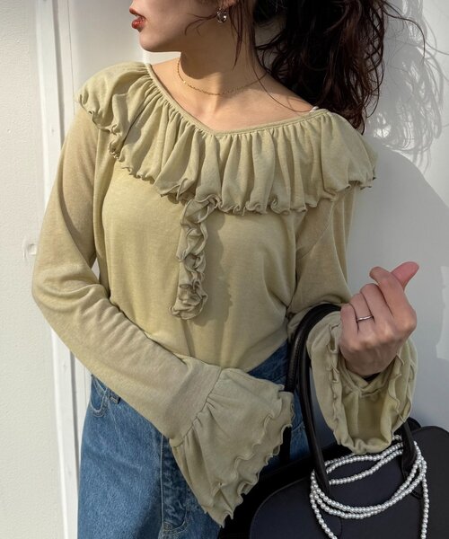 WILLOW（ウィロー）の「【willow】シアーリブラッフルトップス（Tシャツ/カットソー・レディース・イエロー/ネイビー・ONE SIZE）」の13枚目の写真