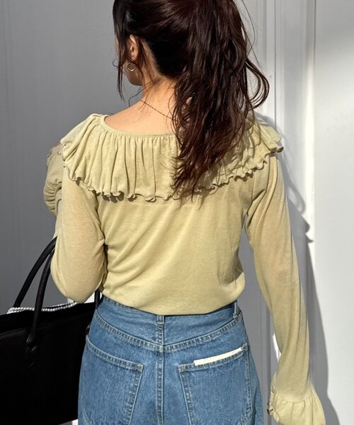 WILLOW（ウィロー）の「【willow】シアーリブラッフルトップス（Tシャツ/カットソー・レディース・イエロー/ネイビー・ONE SIZE）」の15枚目の写真