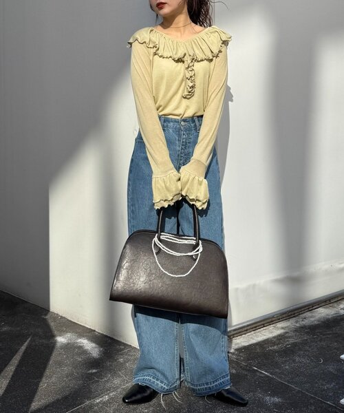 WILLOW（ウィロー）の「【willow】シアーリブラッフルトップス（Tシャツ/カットソー・レディース・イエロー/ネイビー・ONE SIZE）」の16枚目の写真