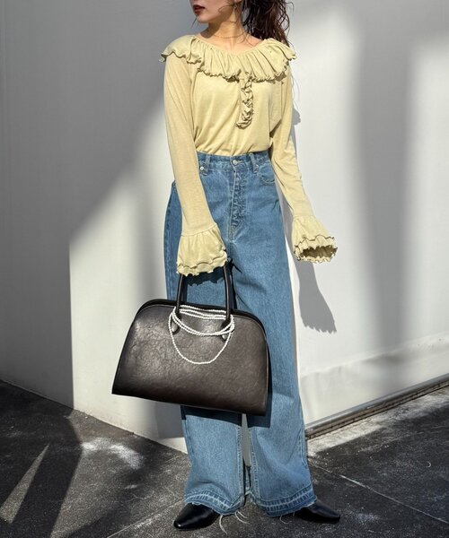 WILLOW（ウィロー）の「【willow】シアーリブラッフルトップス（Tシャツ/カットソー・レディース・イエロー/ネイビー・ONE SIZE）」の17枚目の写真