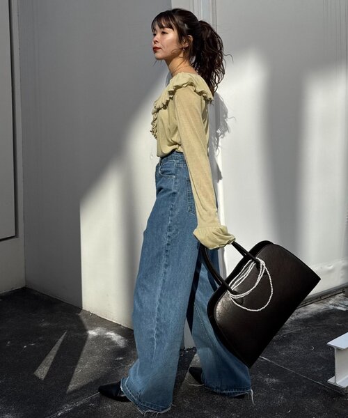 WILLOW（ウィロー）の「【willow】シアーリブラッフルトップス（Tシャツ/カットソー・レディース・イエロー/ネイビー・ONE SIZE）」の18枚目の写真