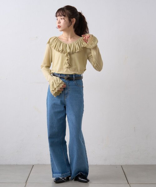 WILLOW(ウィロー)の「【willow】シアーリブラッフルトップス(Tシャツ/カットソー・レディース・イエロー/ネイビー・ONE SIZE)」の20枚目の写真