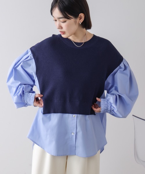 Bou Jeloud(ブージュルード)の「布帛シャツドッキングニットプルオーバー(シャツ/ブラウス・レディース・ネイビー/ベージュ/グレー・FREE)」の3枚目の写真