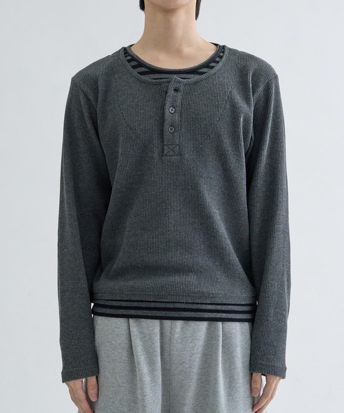 (完売新品)EPNK レイヤードボーダーヘンリーネック　グレー　sizeM Layered border henlyneck / レイヤードボーダーヘンリーネック（T